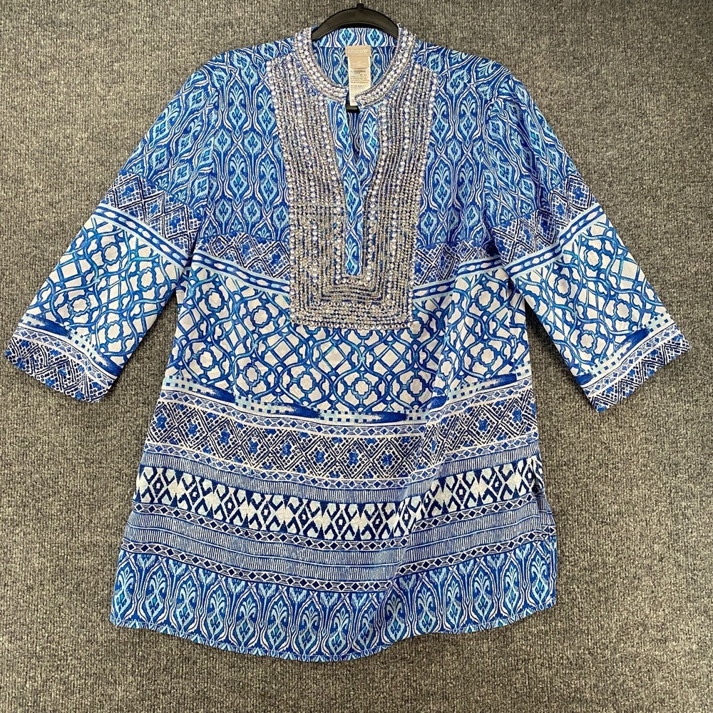 Chicos Petite Top Womens PM Tunic Popover Sheer Coastal Beachy Resort Gypsy - Picture 1 of 10